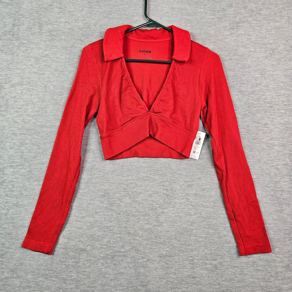 Garage Sandra LS Seamless Polo Crimson Red Ribbed Cropped Top Size Medium NWT
